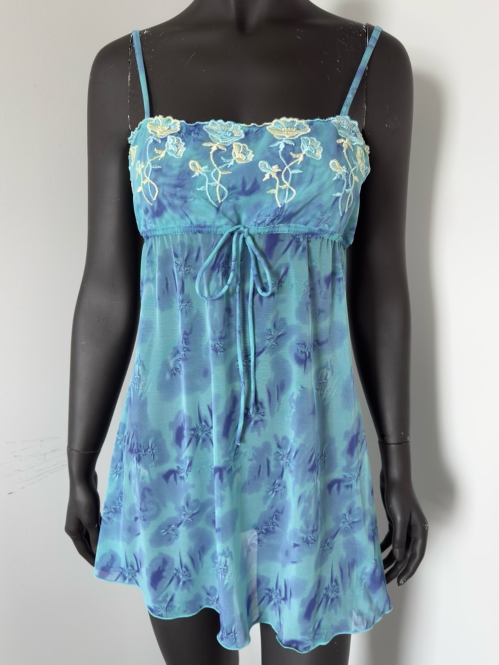 206. Roselle Blue Floral Embroidered Satin Chemise Nightdress